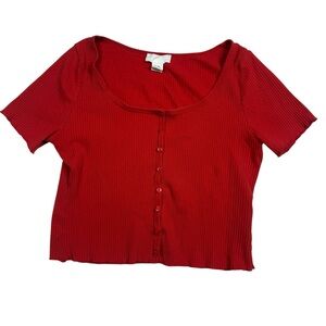 H&M Red Ribbed Button-Down Top
